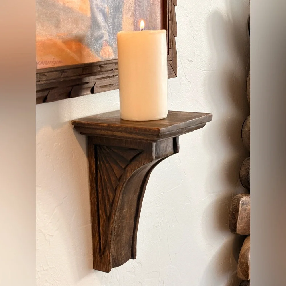 Rustic Carved Wood Brown Wall Shelf